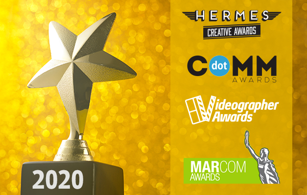 graphic showing hermes awards, dotcomm awards, videographer awards, and marcom awards
