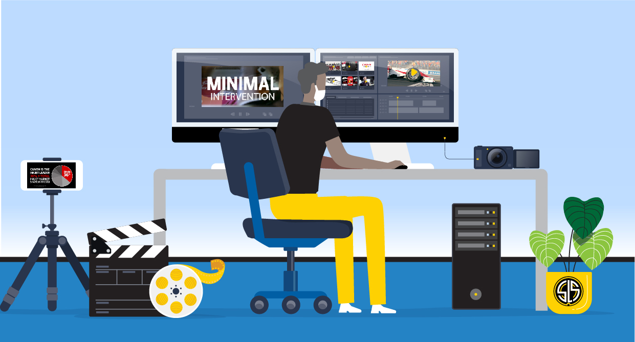 animated man sitting at desk editing a video