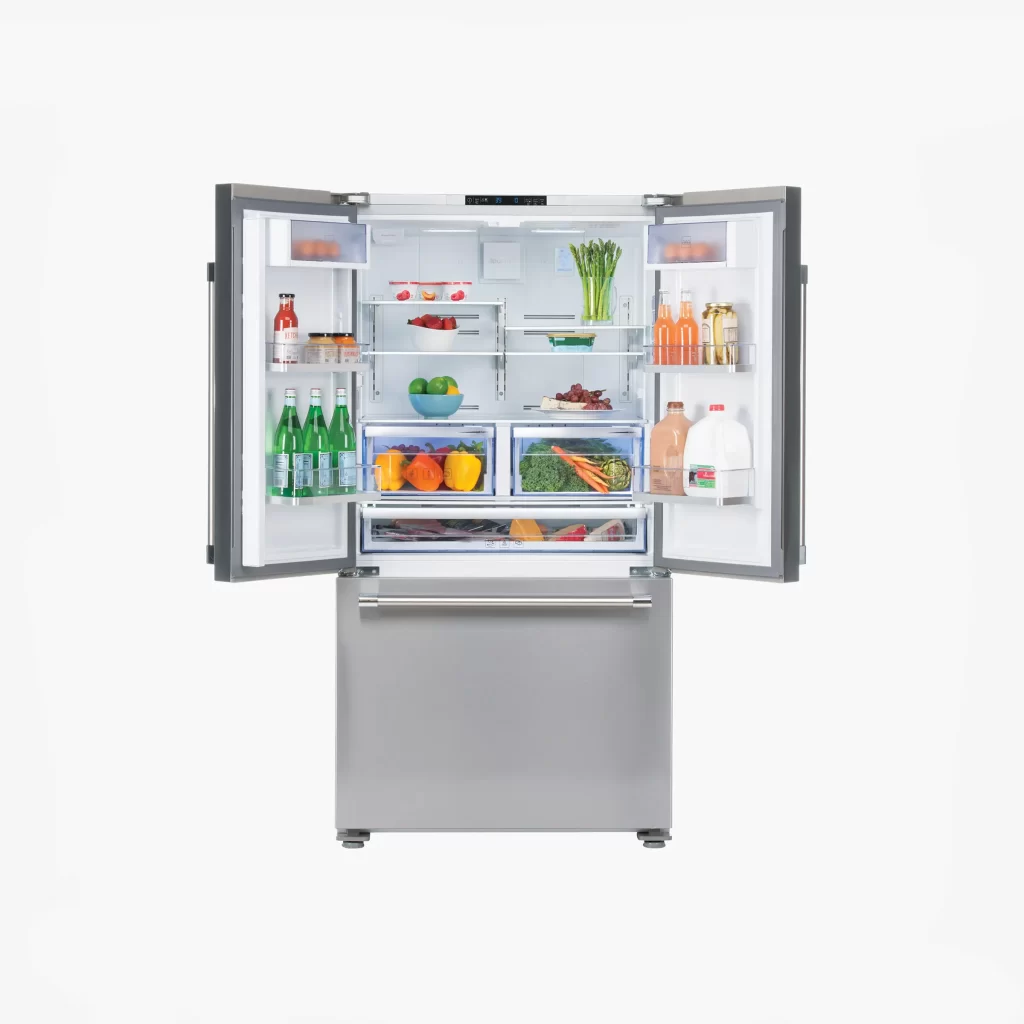 Open stainless steel refrigerator represents our marketing work for Beko US, Inc. Euro-style appliances.