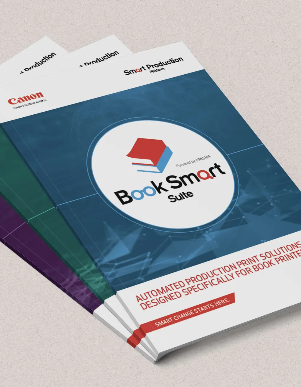 Stack of Book Smart Suite brochures we produced introducing a printing workflow automation platform.