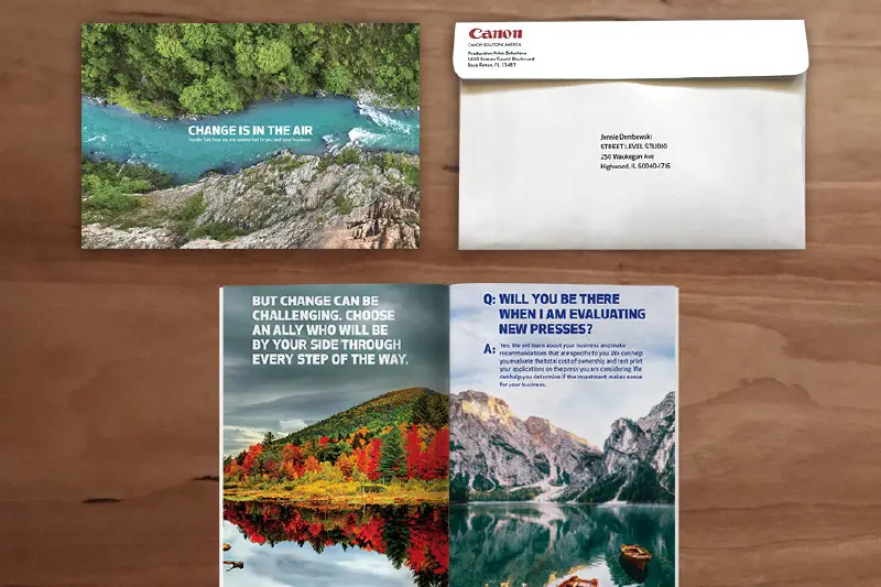 Example of effective Canon direct mailer with envelope and four-color booklet featuring nature photography.