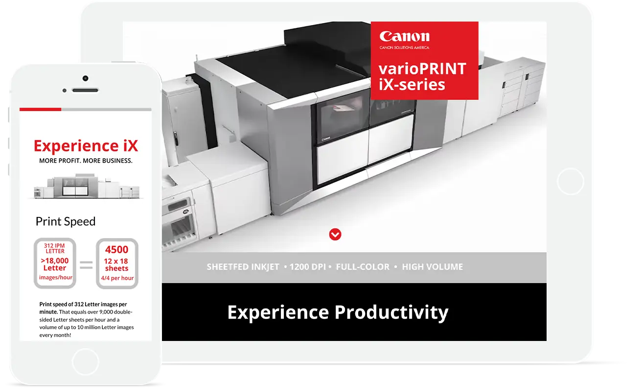 An ipad and phone screen with the Canon Solutions America Experience iX varioPRINT iX-series website on the screen