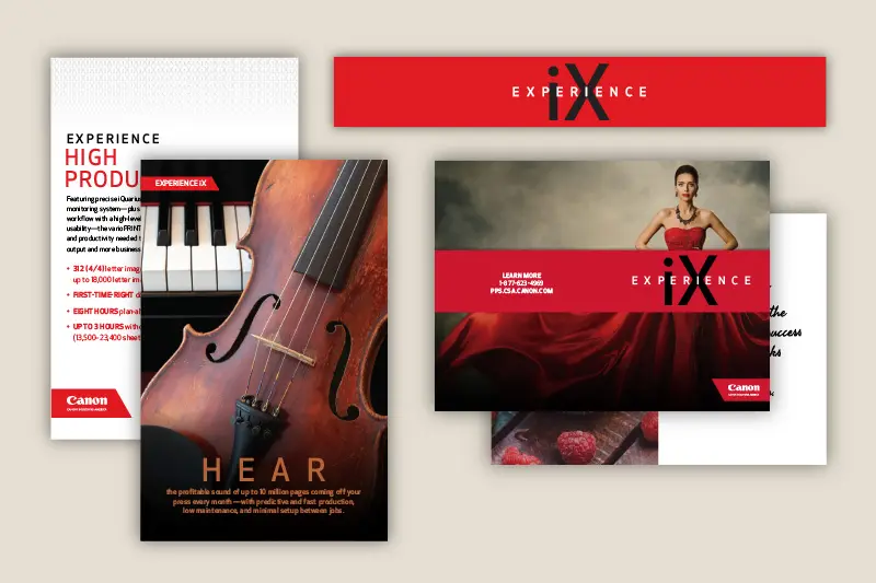Sample direct mail components from our design agency's Experience iX mailer for Canon Solutions America.