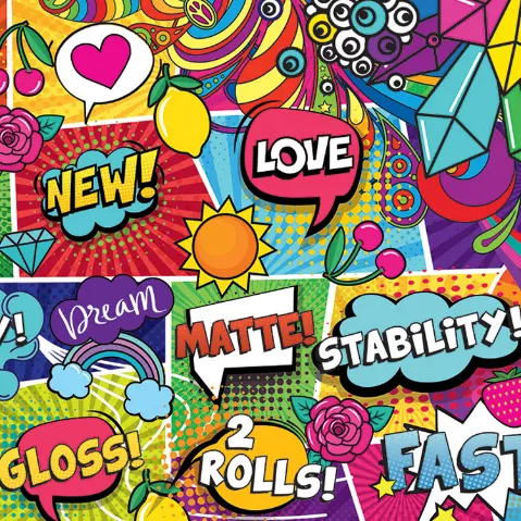 Colorful pop art showcasing the radical FLXfinish matte/gloss technology
