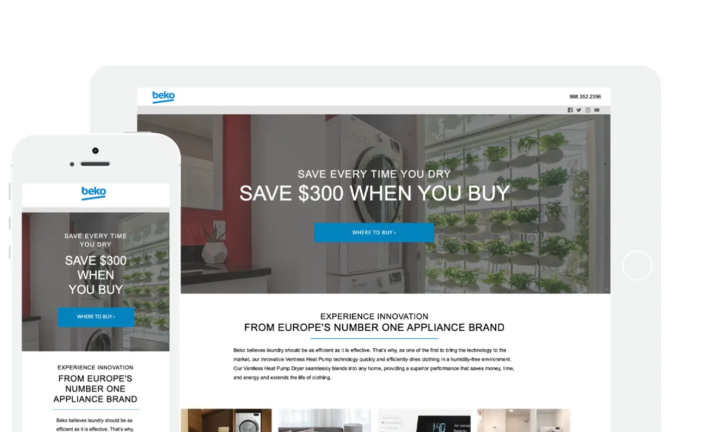Online savings promotion we created for Beko appliances displayed on tablet and mobile phone.