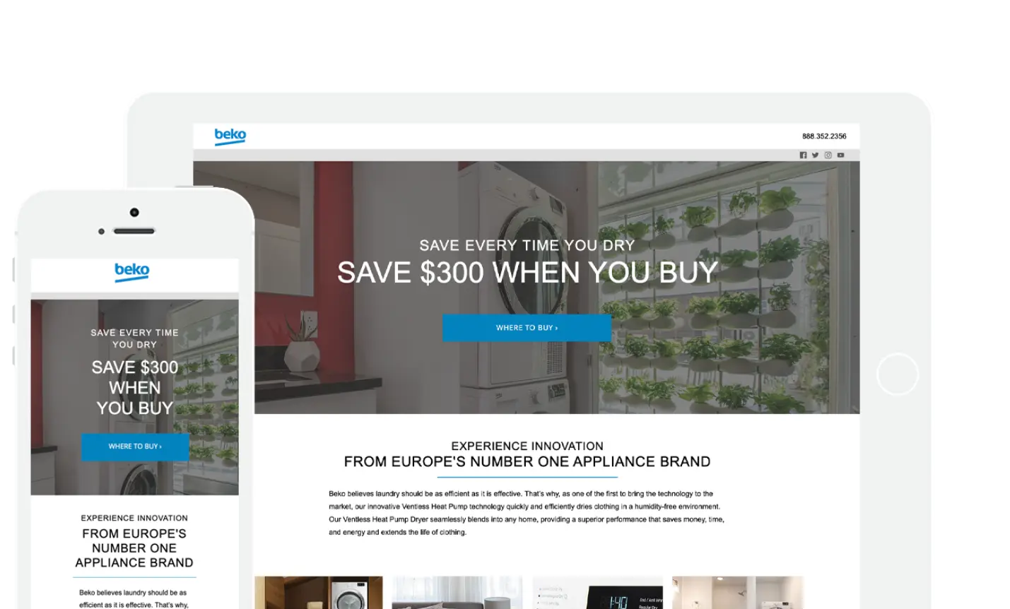 clientportfolio_beko_1312x792_img01 Online savings promotion we created for Beko appliances displayed on tablet and mobile phone.