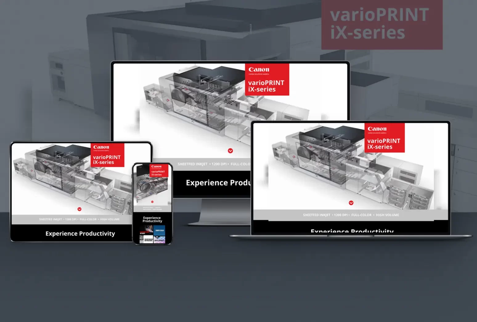 The Canon Solutions America varioPrint iX-series webpage on a variety of screens