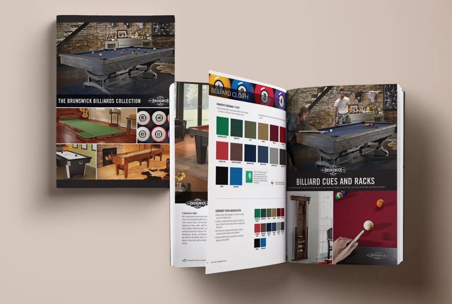 Cover and inside spread of Brunswick Billiards one hundred seventieth anniversary catalog we produced.