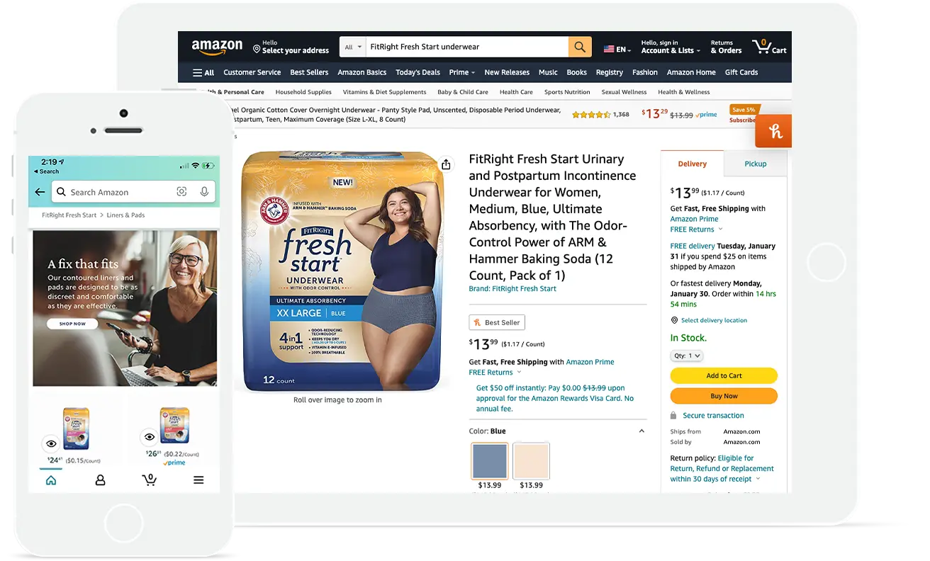 An ipad and iphone showing the uniquely designed Amazon product page for FitRight Fresh Start