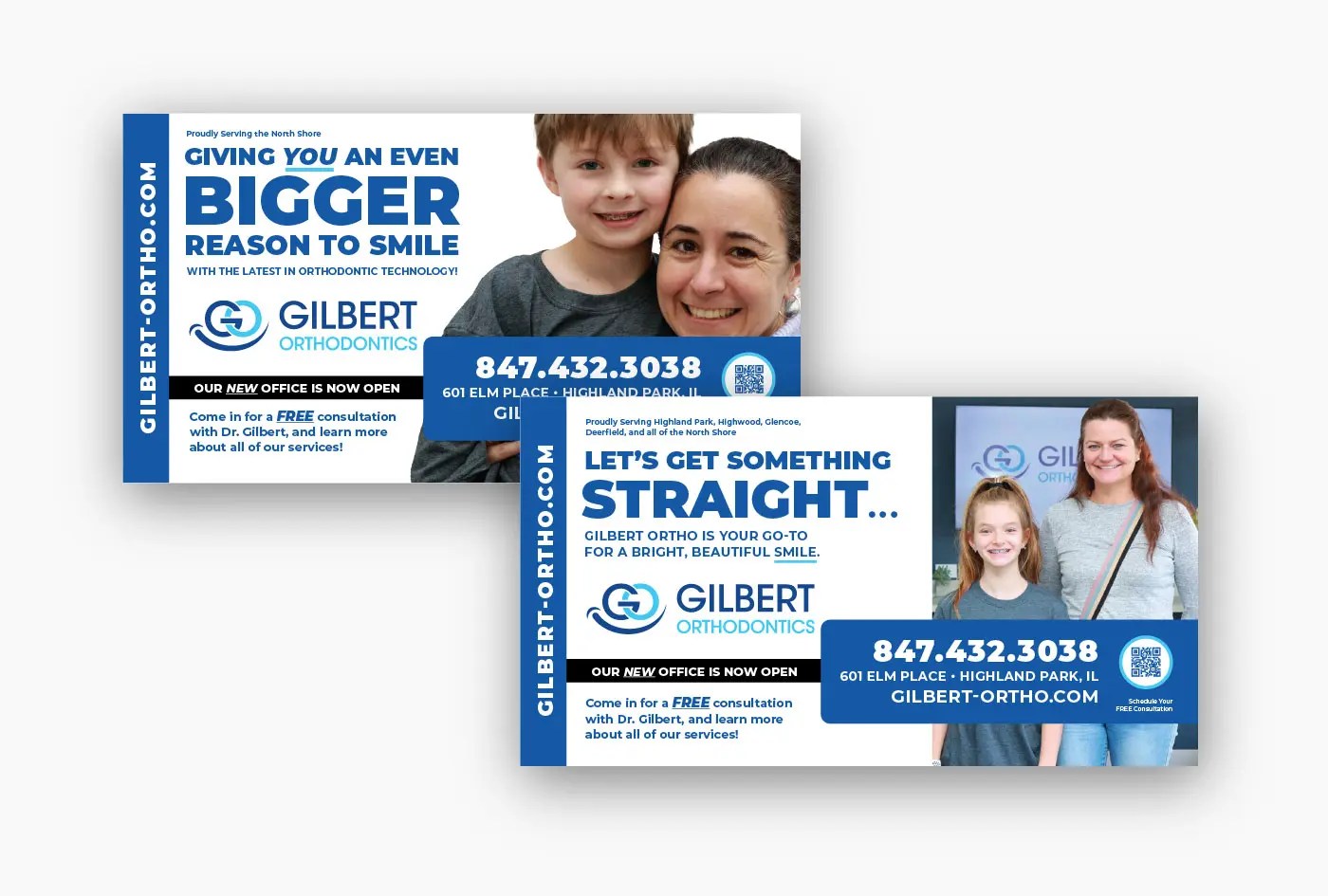 Two direct mailers that we created to better connect with the community around Gilbert Orthodontics
