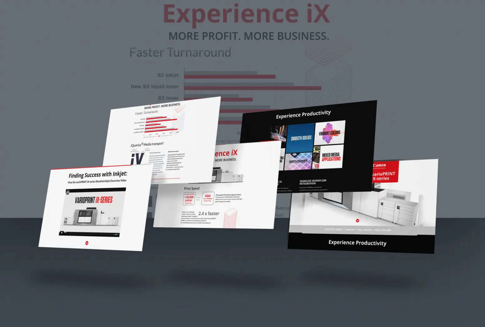 several screens from a digital experience float on a gray background