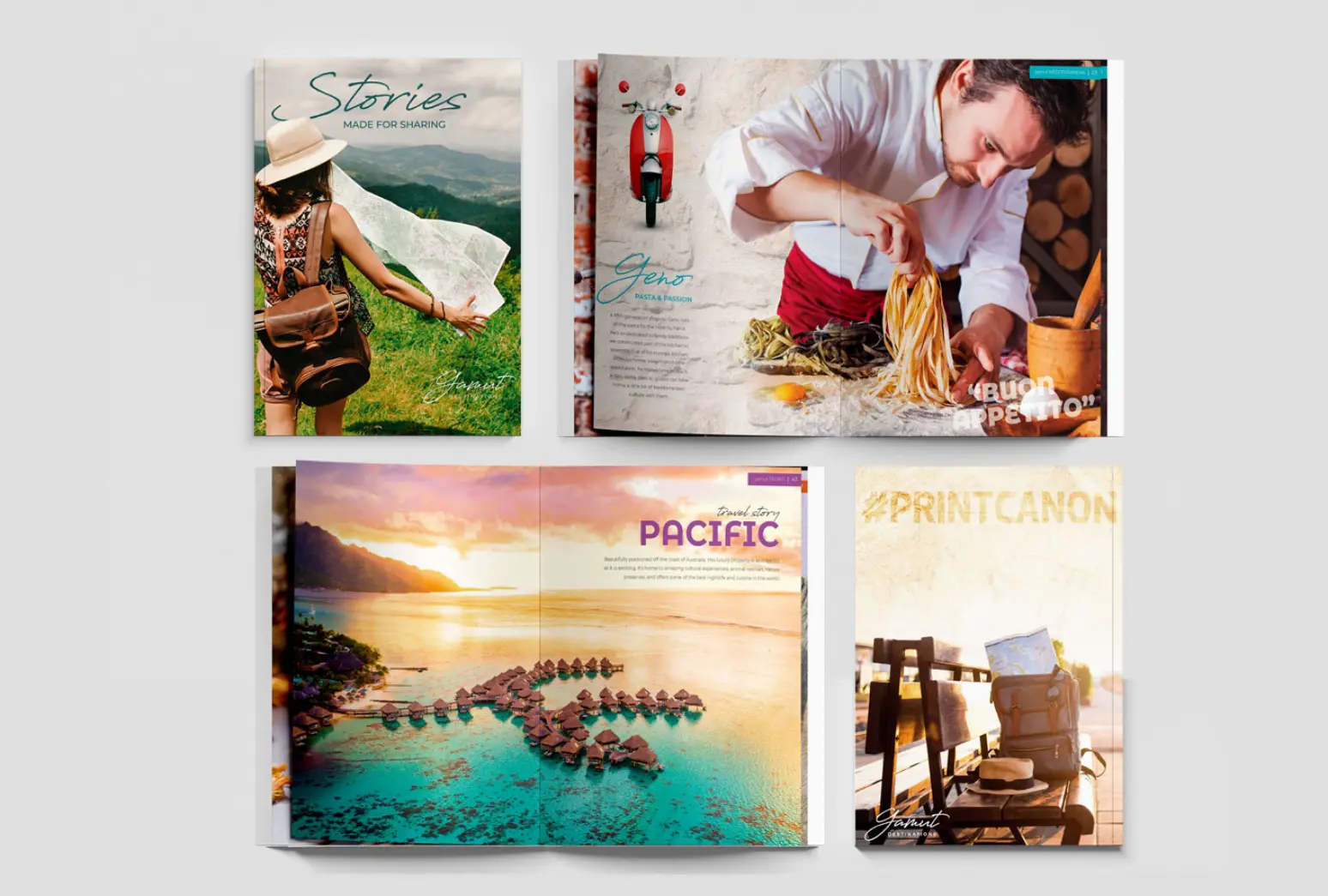 Covers and spreads from two travel-related books we created that are among Canon's most requested samples.