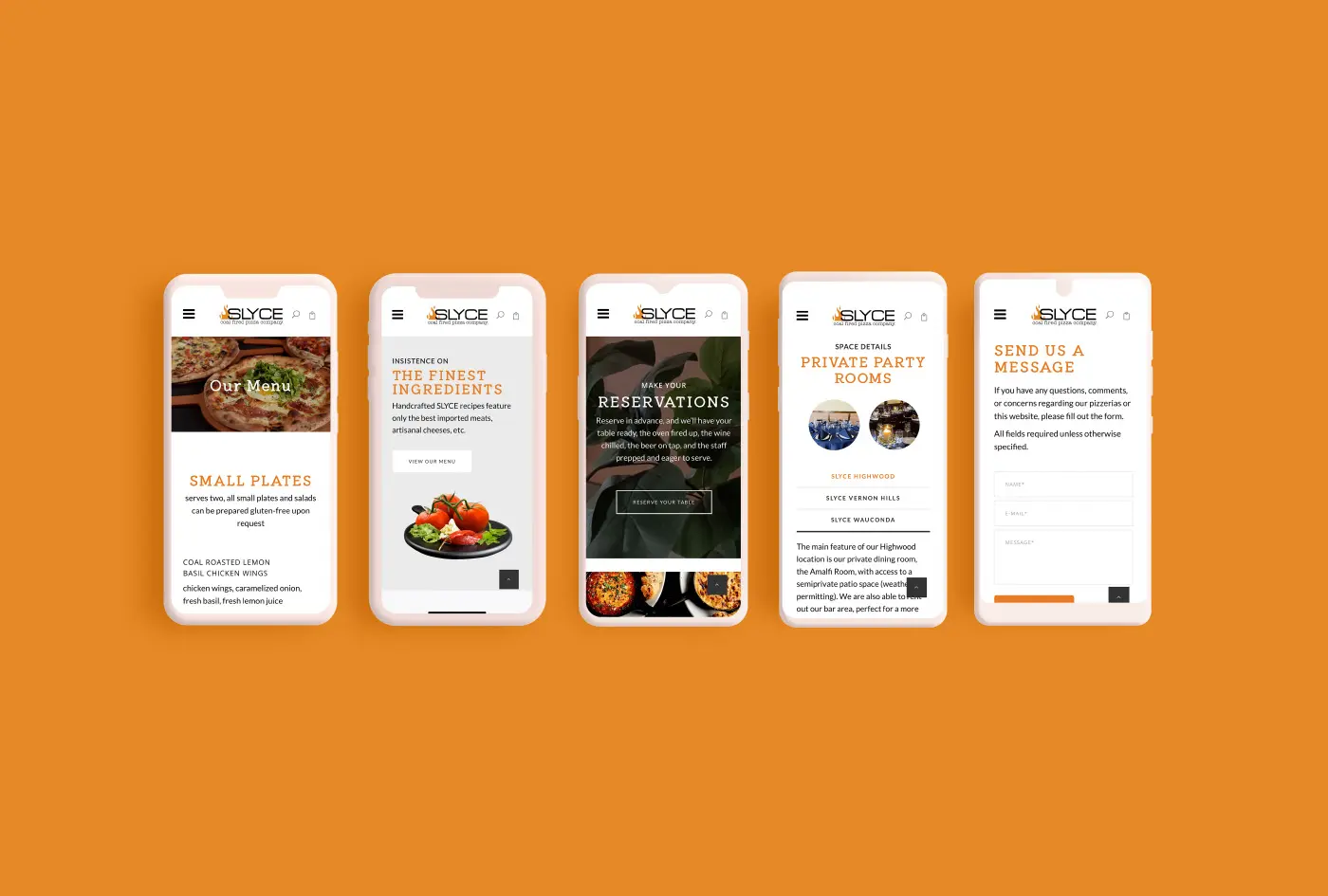 Five smart phones showing the different interactive aspects of the website we developed for Slyce.