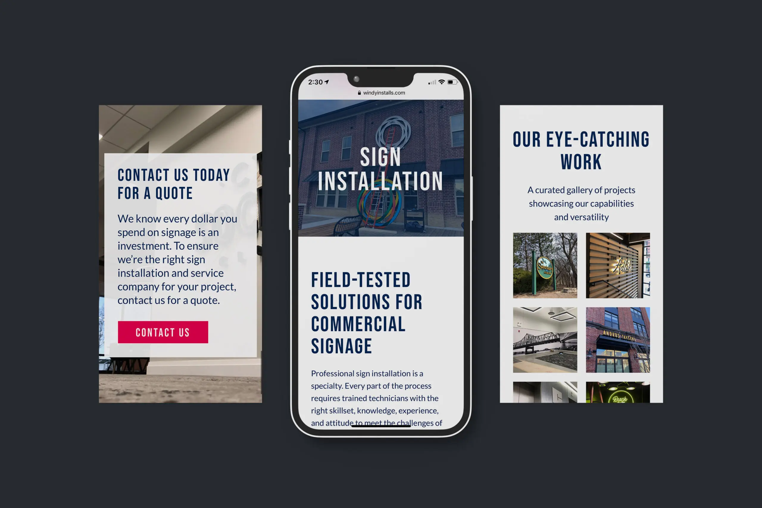 Views of the portfolio-style gallery, customer testimonials, and case studies highlighting the website.