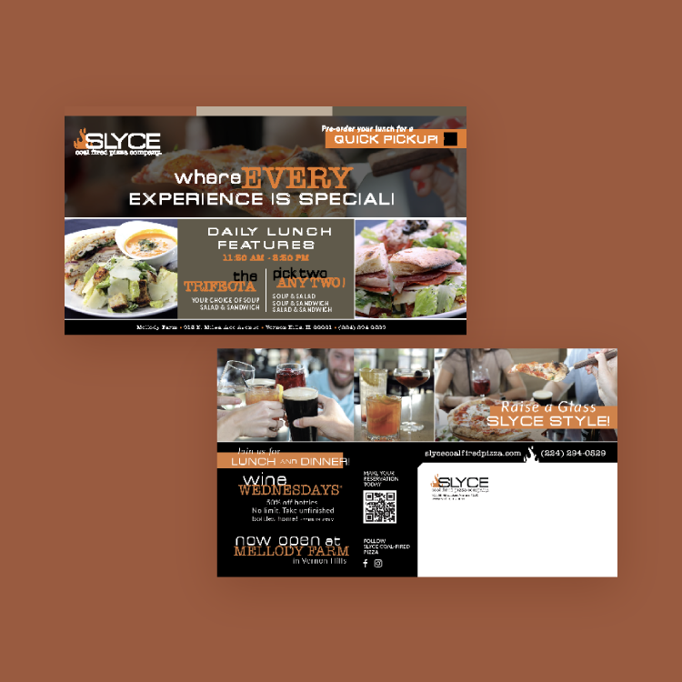 Front and back of a direct mailer for SLYCE pizza