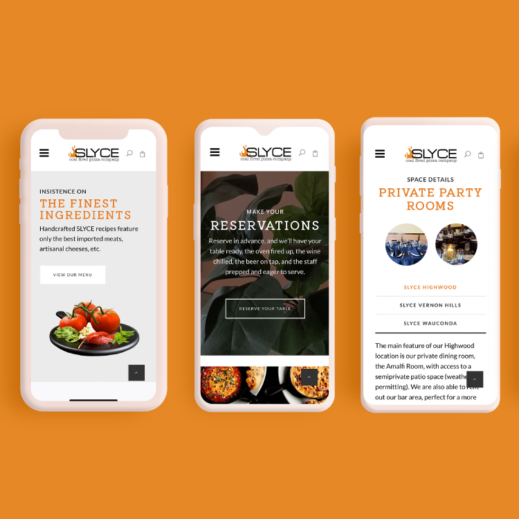 Three phone screens showing different pages of the SLYCE website
