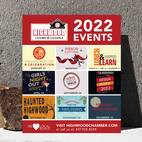 A graphically designed flyer for 2022 events held by the Highwood Chamber of Commerce