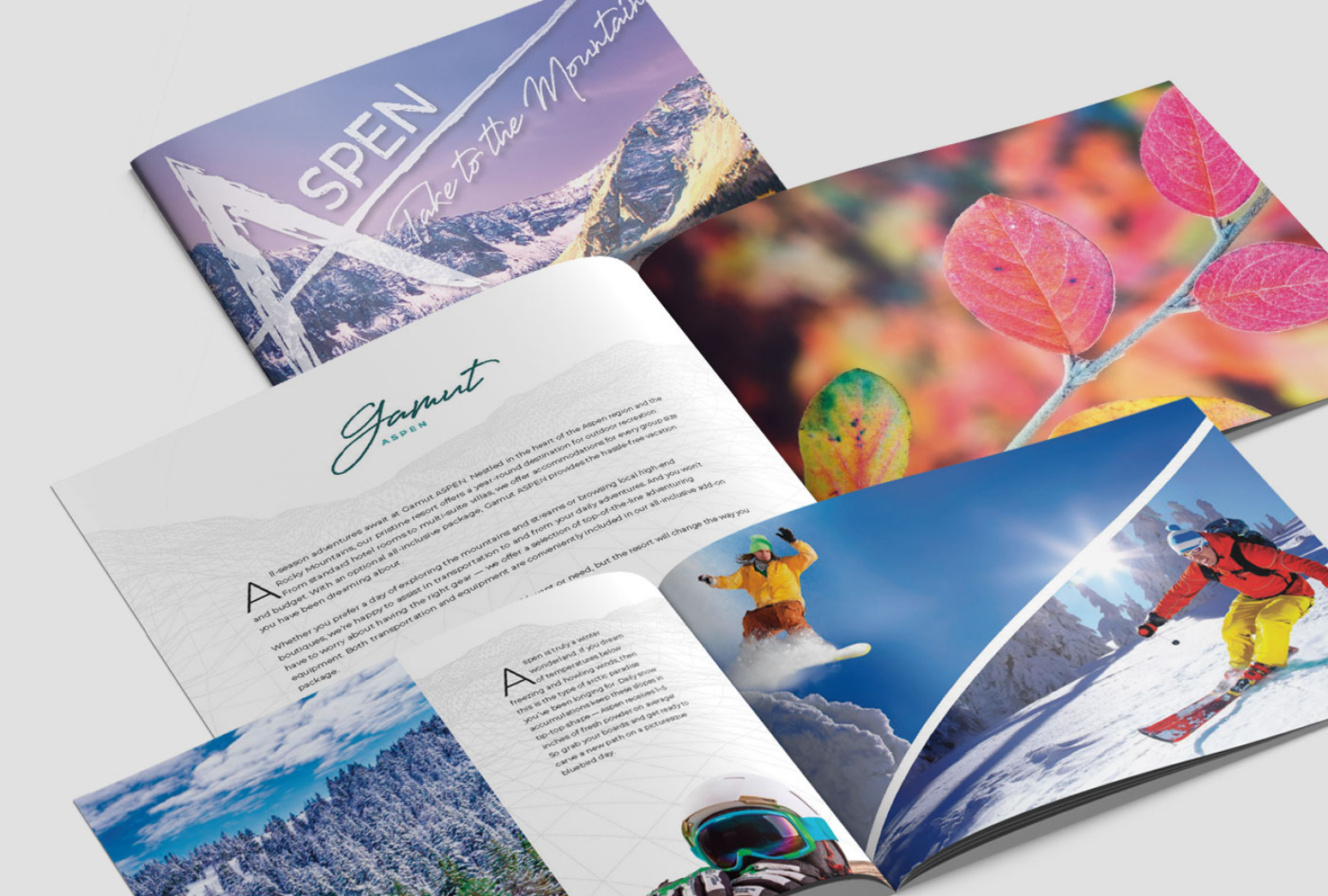 projectpage_CUSA_WorldBook_-2 three different magazine spreads display winter and fall imagery