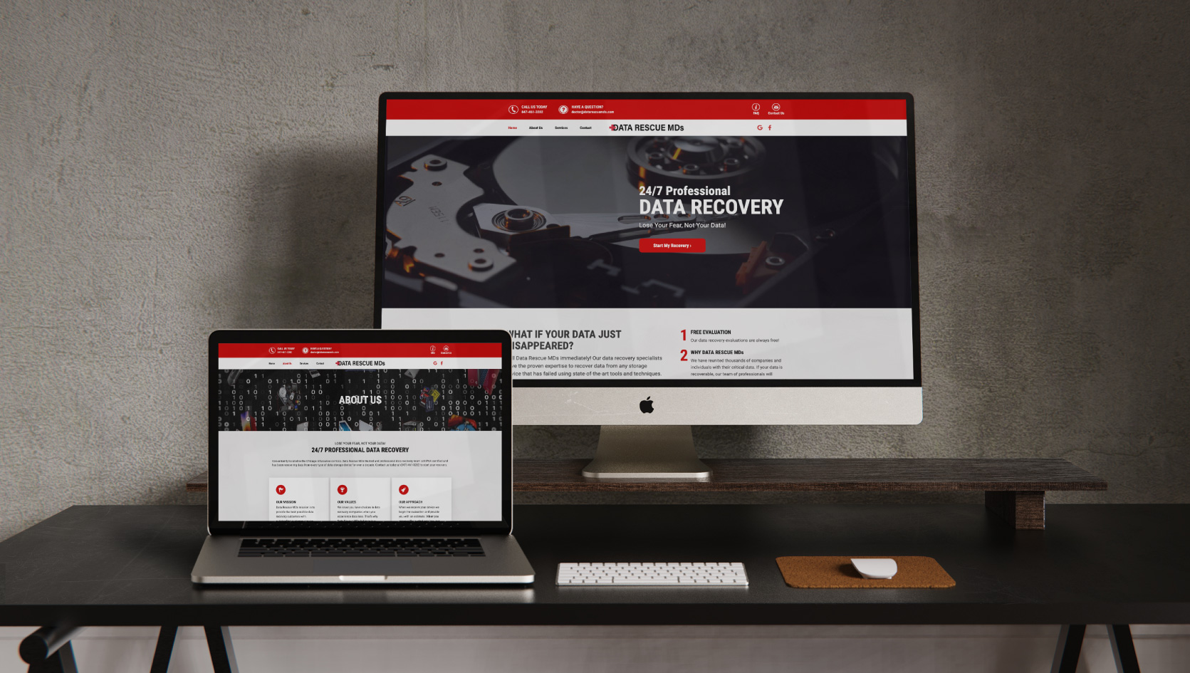 A desktop computer and laptop showing the linear page design and concise content for the website we created for them