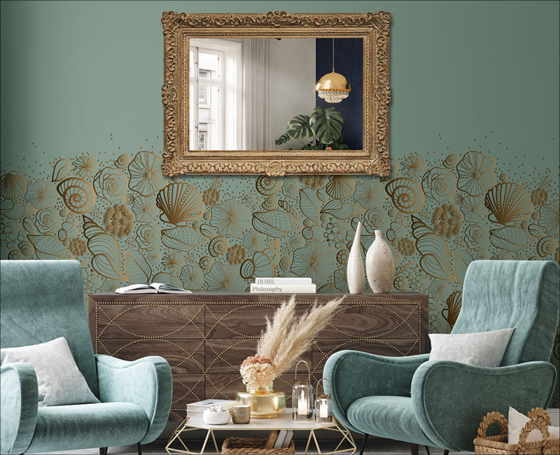two chairs with side table in front of teal and gold wallpaper