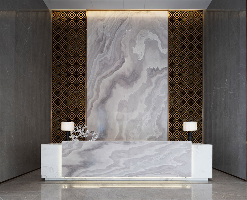 front lobby, brown wallpaper, marble wall structure