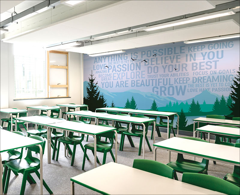 classroom with scenic wallpaper of forest