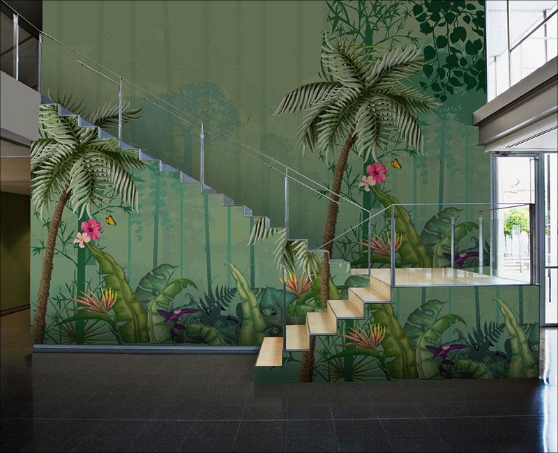 palm tree wallcovering on a staircase