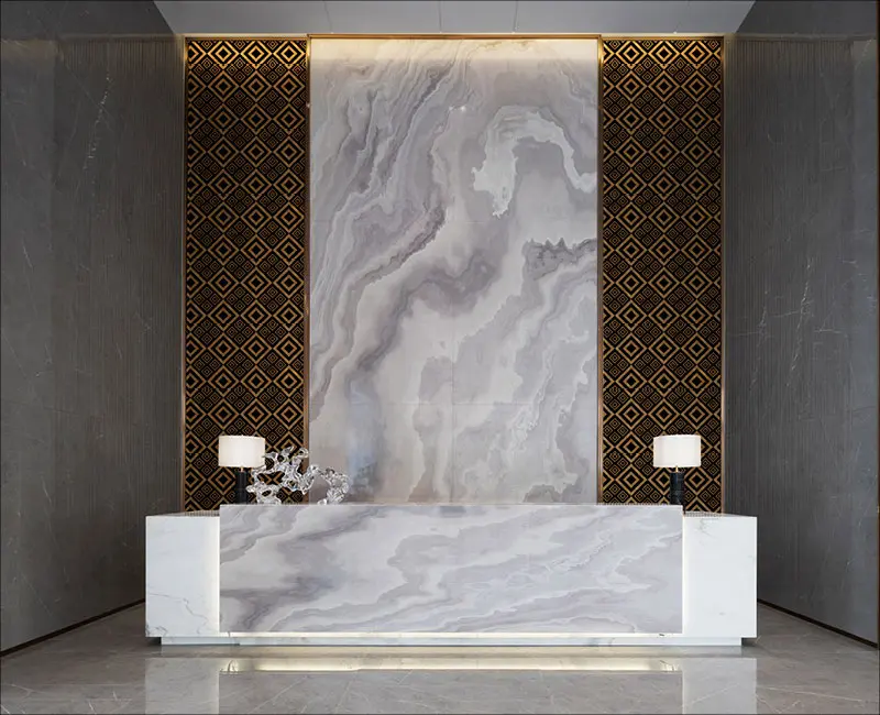 Office lobby with desk and greyscale marble custom wallpaper for commercial and branding environments