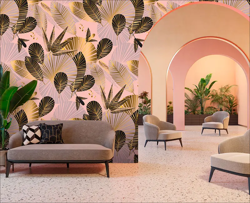 Lobby with pink, grey and gold leaf printed custom wallpaper for commercial and branding environments