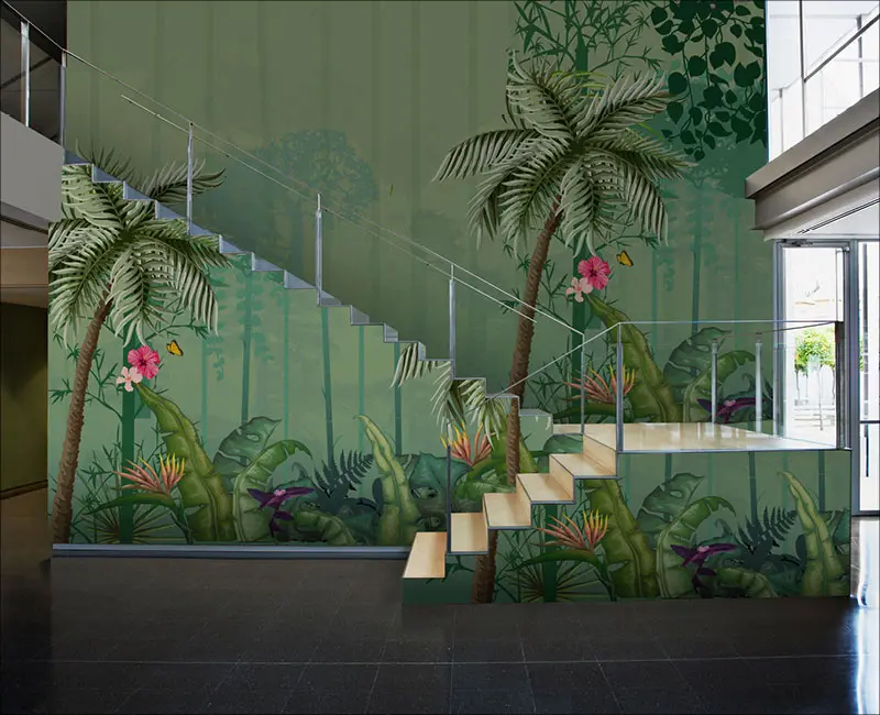 Office stairs with a green tropical floral print custom commercial branded environments wallpaper