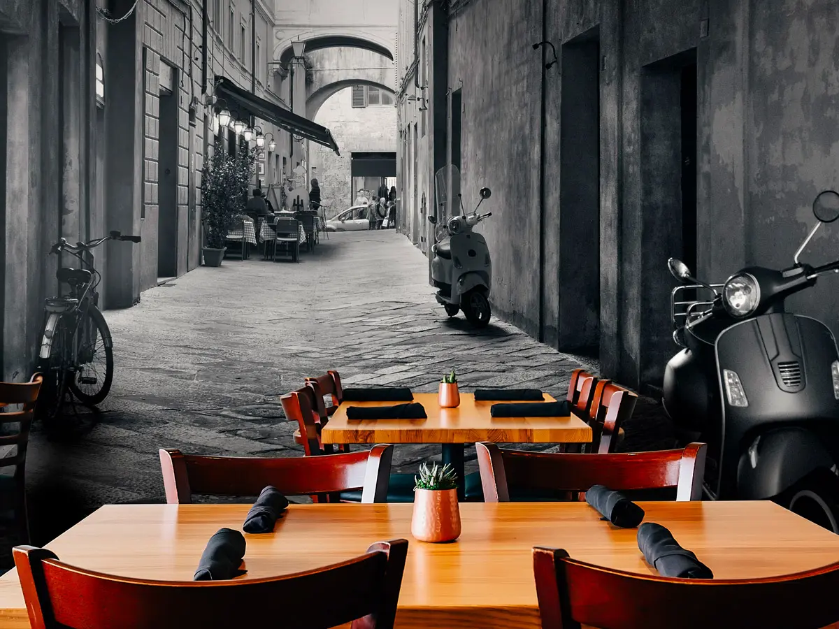 Restaurant with a greyscale vespa Italy alley custom commercial environments wallpaper