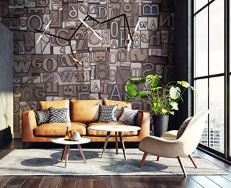 City apartment living room with custom residential bespoke wallpaper