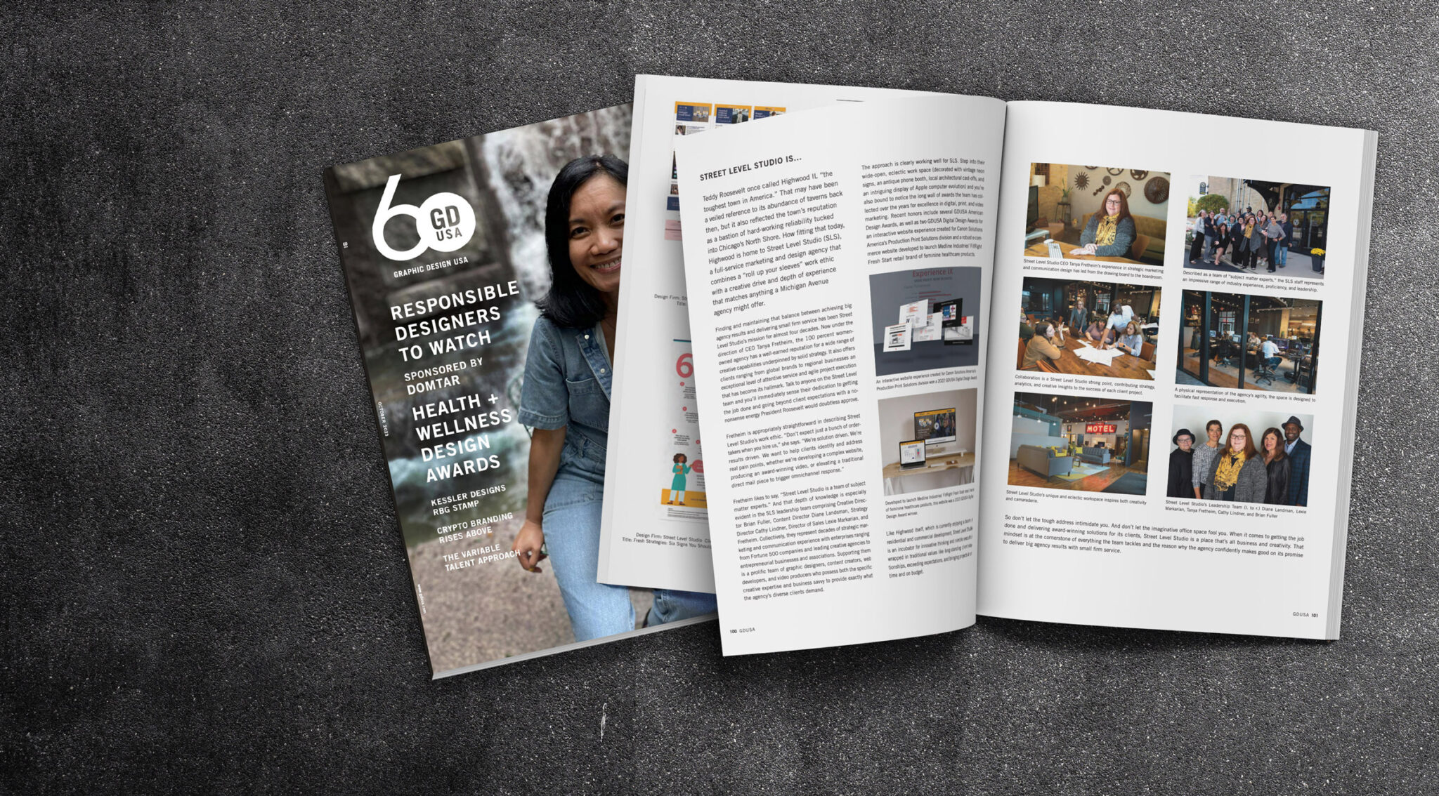 Open GDUSA magazine spread featuring SLS article
