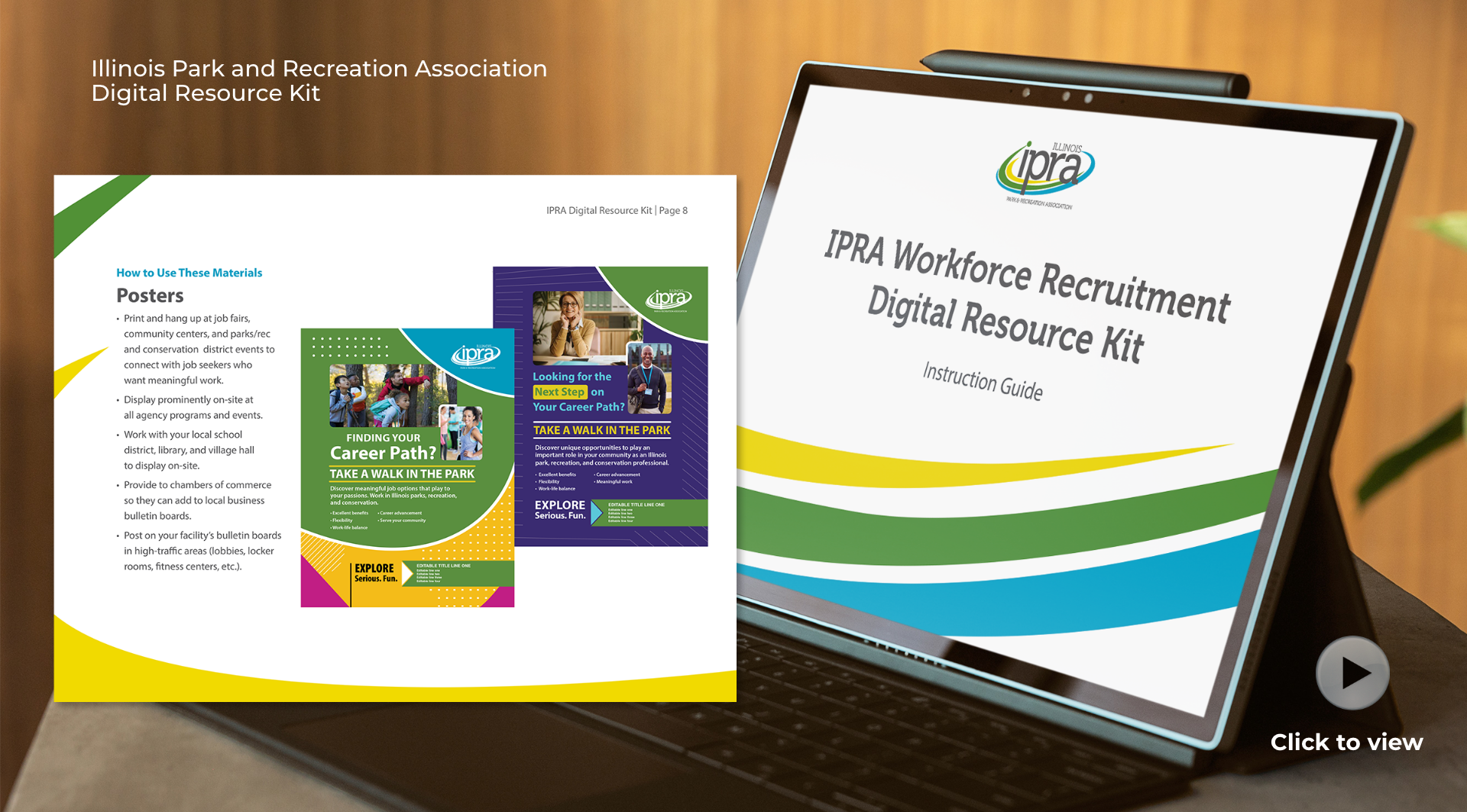 A laptop sits on a desk, showing the cover of the IPRA Workforce Recruitment Digital Resource Kit. On the left side is a page from the kit showing posters and how to use them.