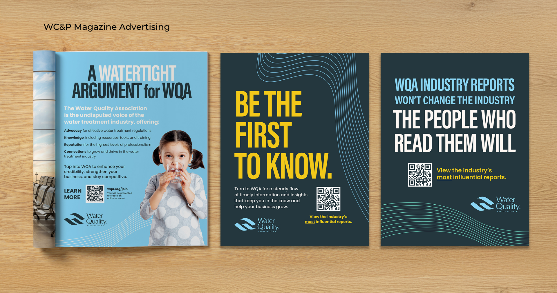 Group 39 Three magazine pages within our campaign that outline “A watertight argument for WQA.” Each page contains a QR code.