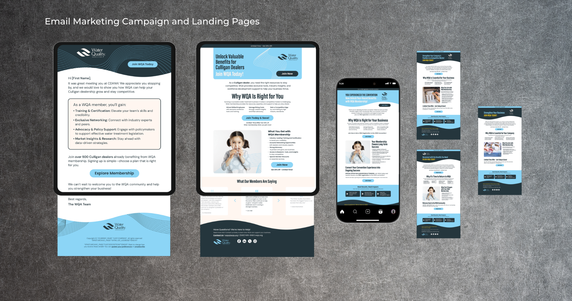 WQA Email Marketing Campaign and Landing Pages Two full-size comps of a campaign email and landing page sit side by side with various sizes for mobile.