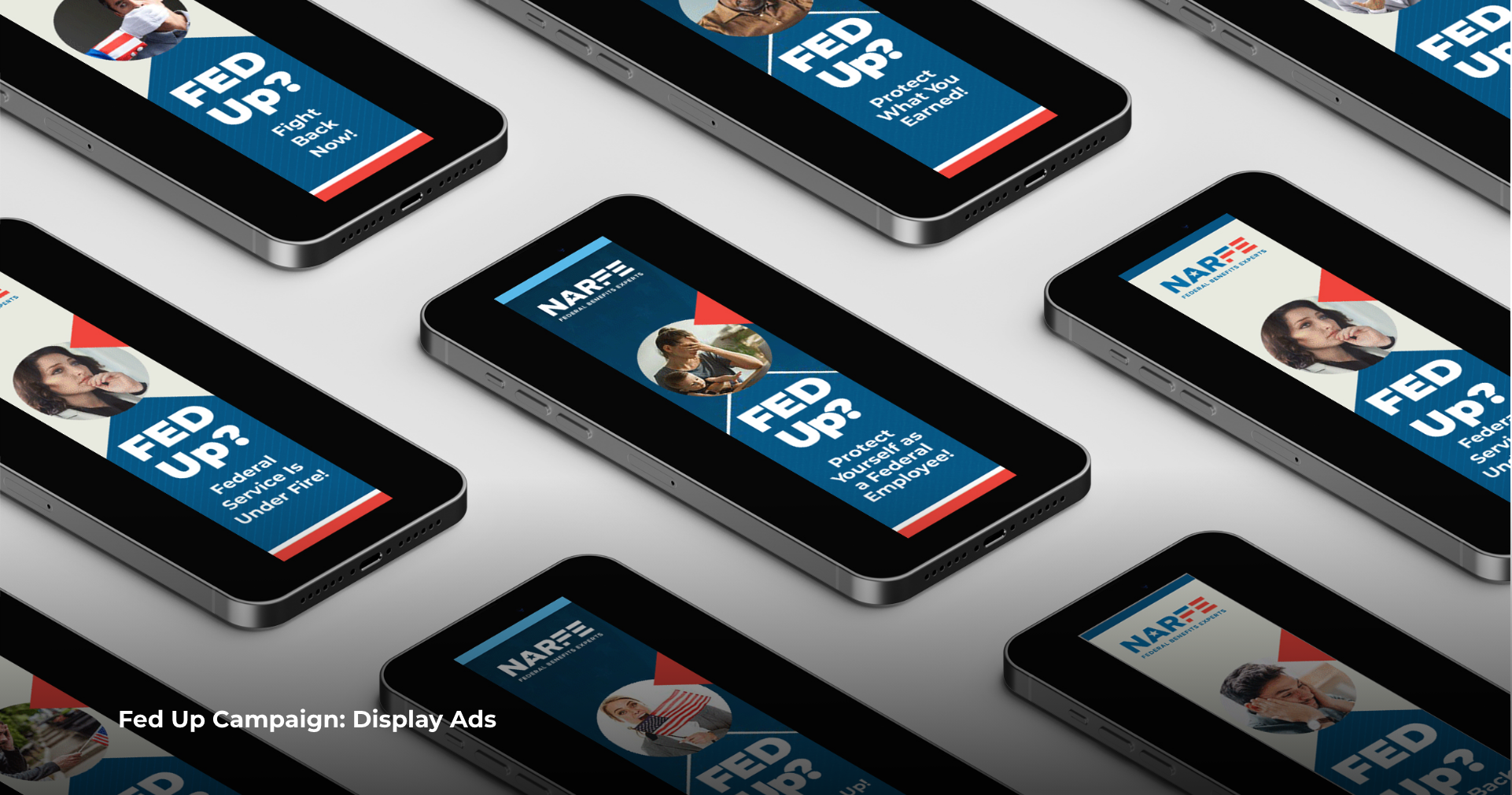 A repeating pattern of smartphones on a table, each showing different “Fed Up?” ads onscreen.