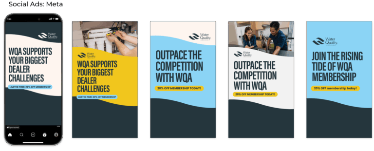 A frame of a campaign LinkedIn ad sits in a mobile phone frame. Beside the frame are eight frames of various headlines.