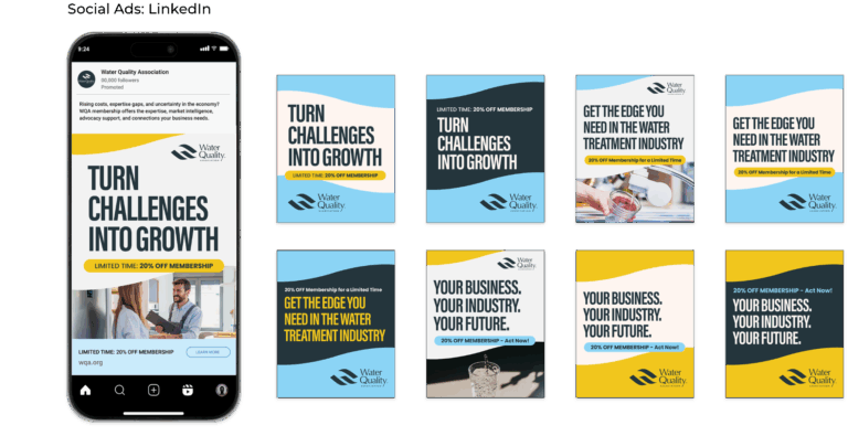 Five comped frames of campaign ads designed for a mobile phone frame. They contain a similar layout with a variety of headlines.