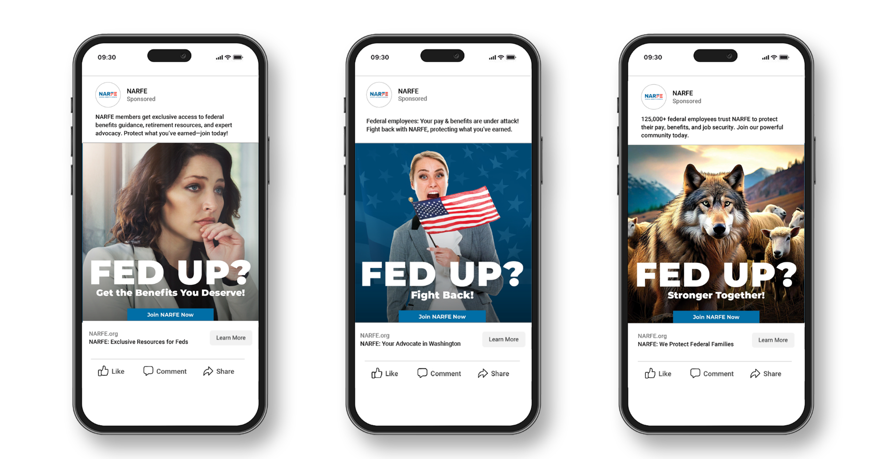 Three Meta ads from the campaign comped in smartphones. They all feature the headline “Fed Up?”