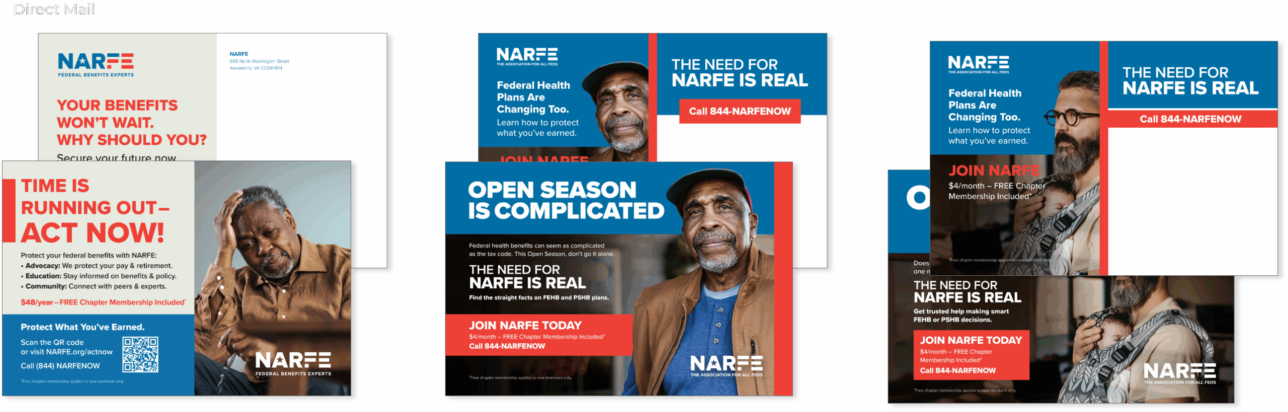 Three different postcards from the campaign, each showing front and back of the card.