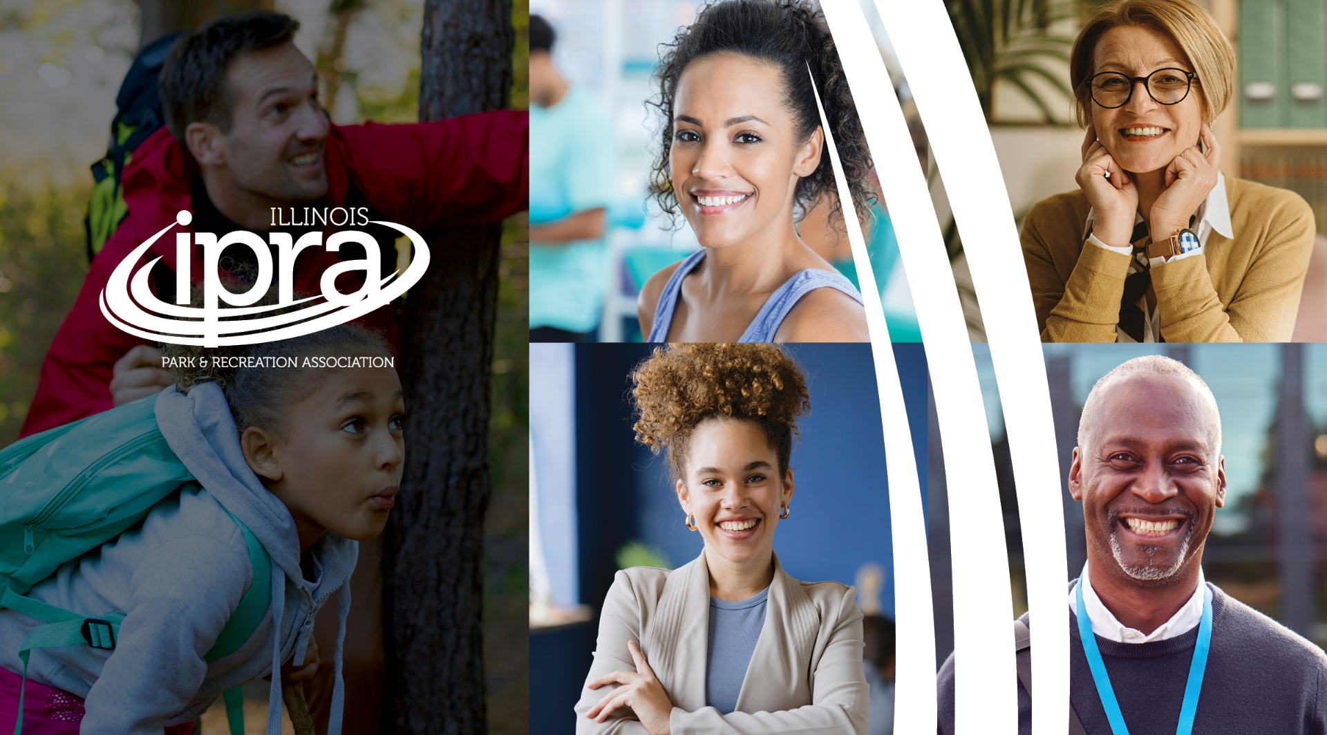 A collage of active, smiling people of all ages with the Illinois Park and Recreation Association logo