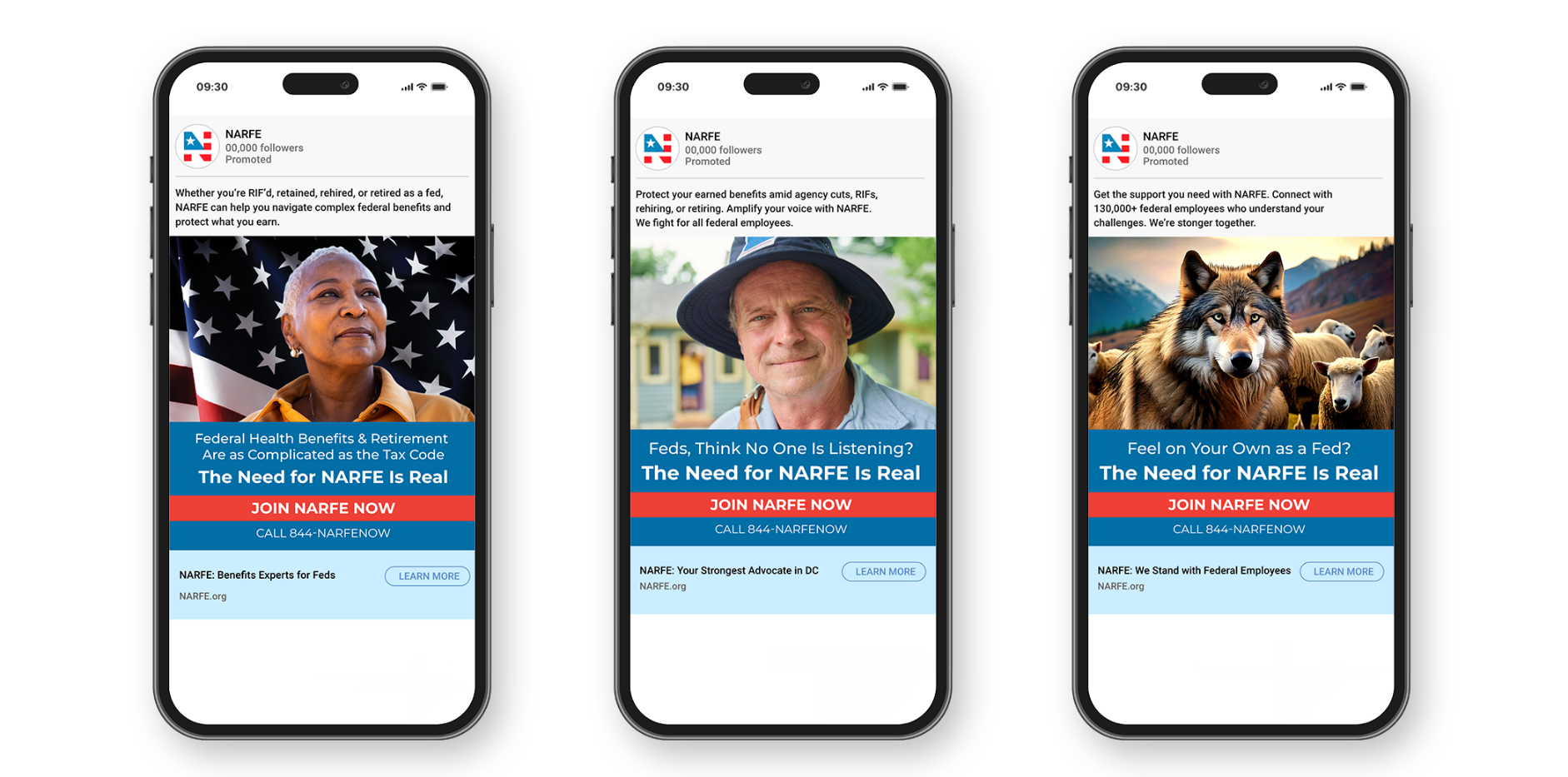Three smartphones each show a different LinkedIn ad. One features the wolf ad. The other two feature federal workers.