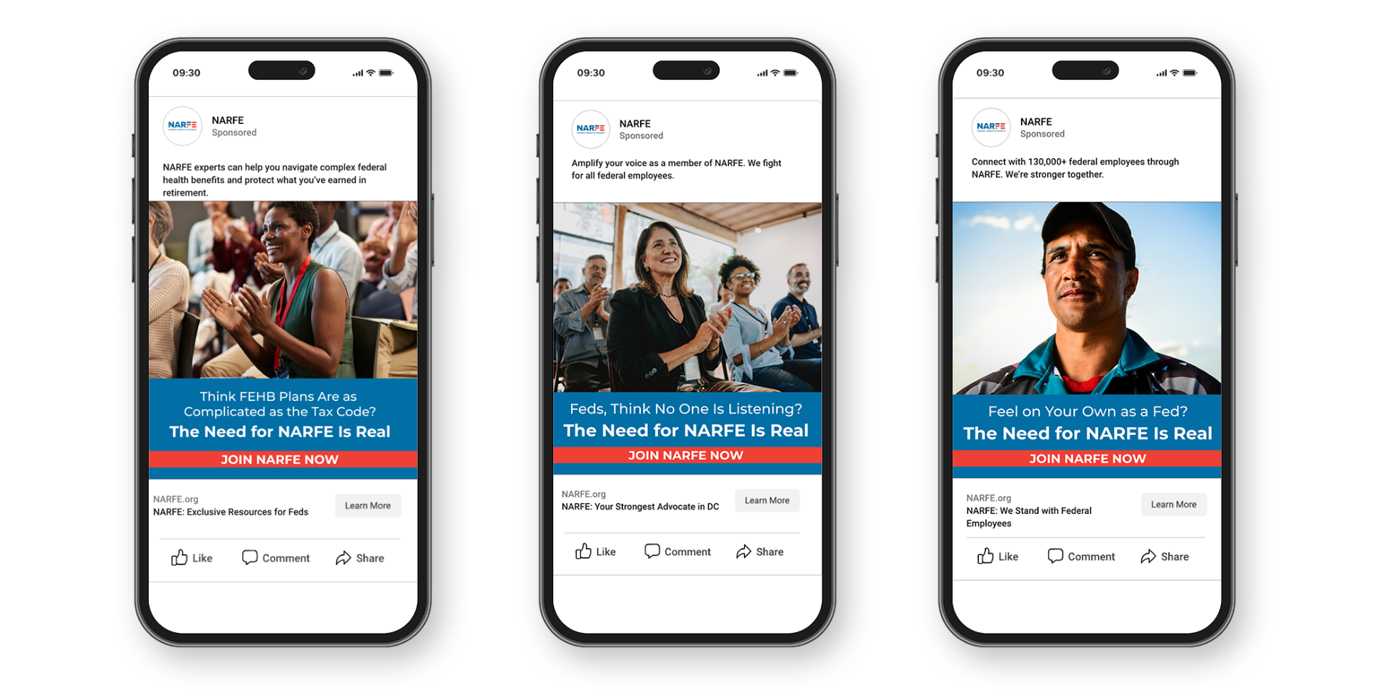 Three Meta Ads inside smartphones. Each features a different image of federal employees.