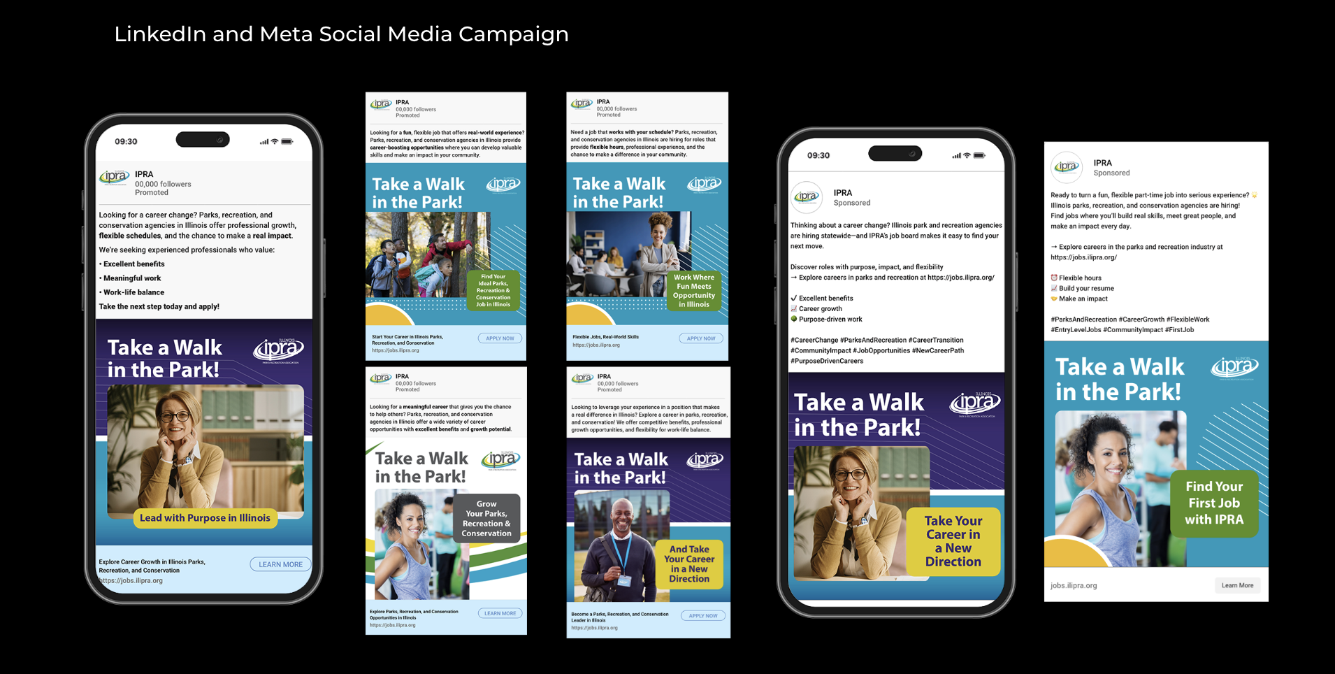 Social post examples featuring a diverse set of professionals, which read “Take a Walk in the Park!”
