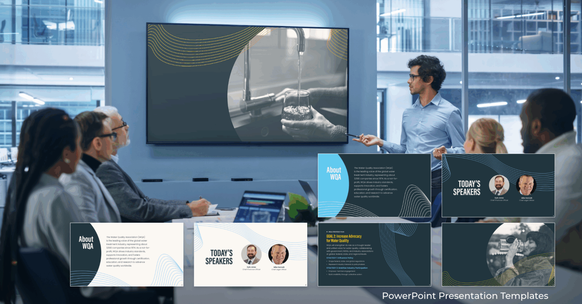 WQA PowerPoint Presentation Six branded PowerPoint templates sit over an image of executives in a corporate office presentation. On screen is another designed template.