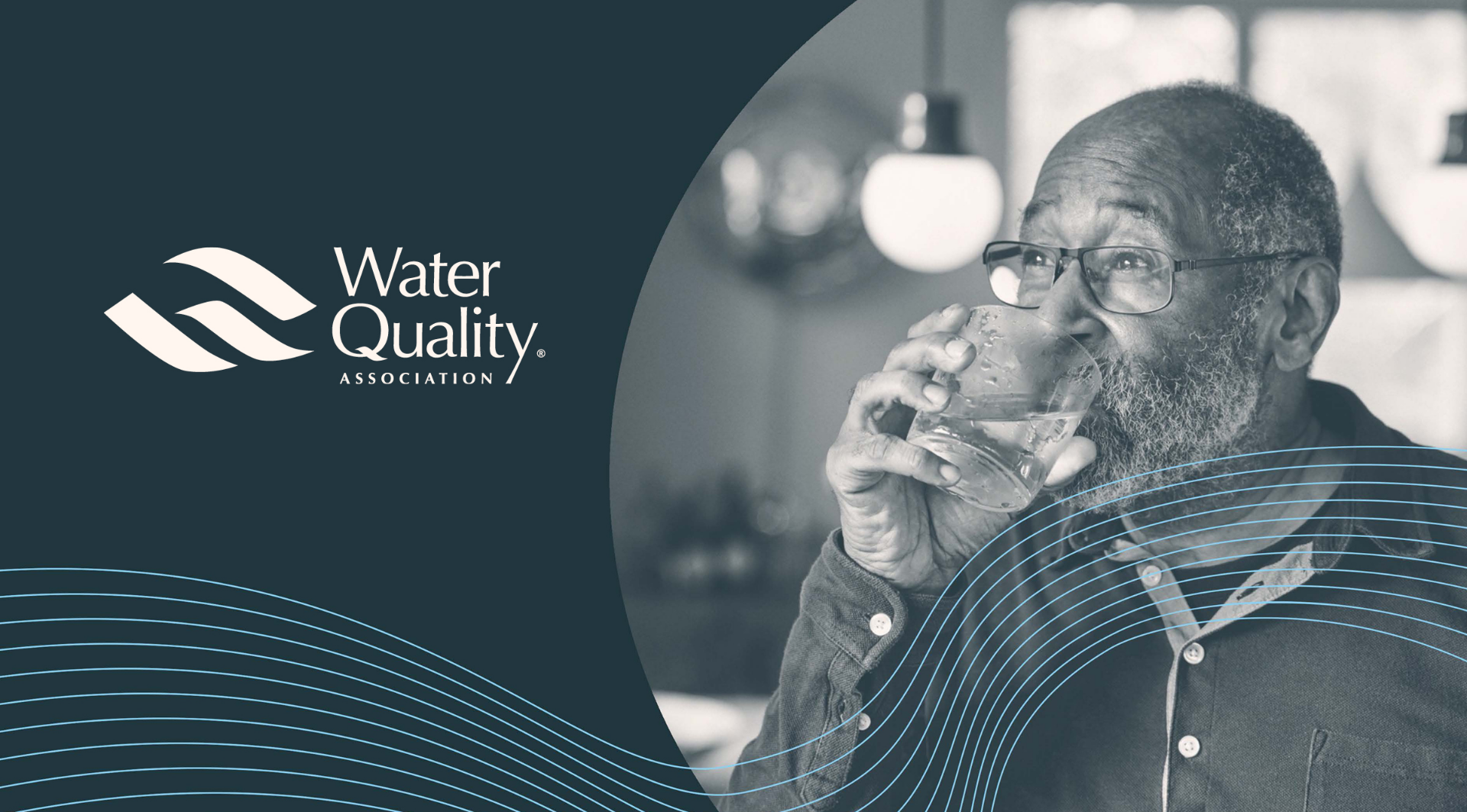 WQA hero An elderly man drinks a glass of water next to the WQA logo on a dark blue field. A series of wavey lines in blue connects both as a design element.